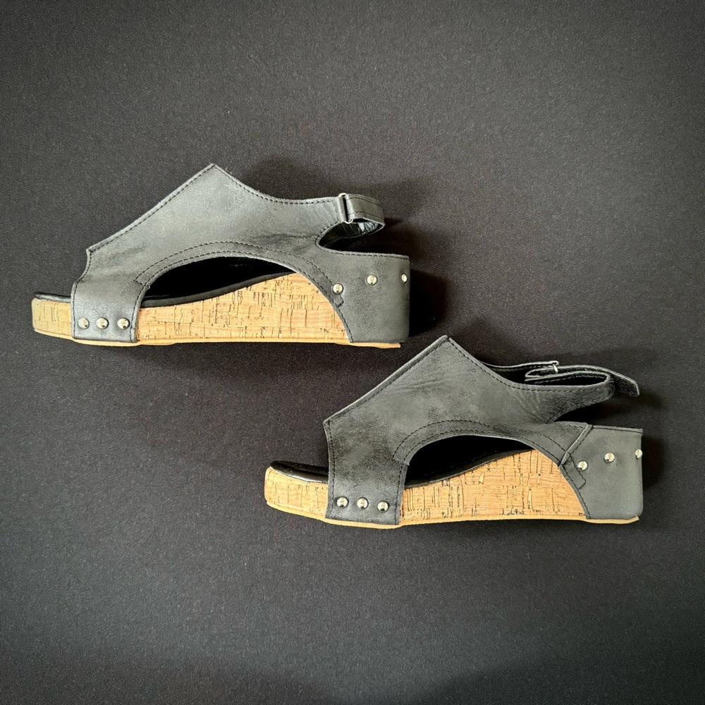 Black, Faux Leather, Studded, Cork Wedge Sandals NWOT